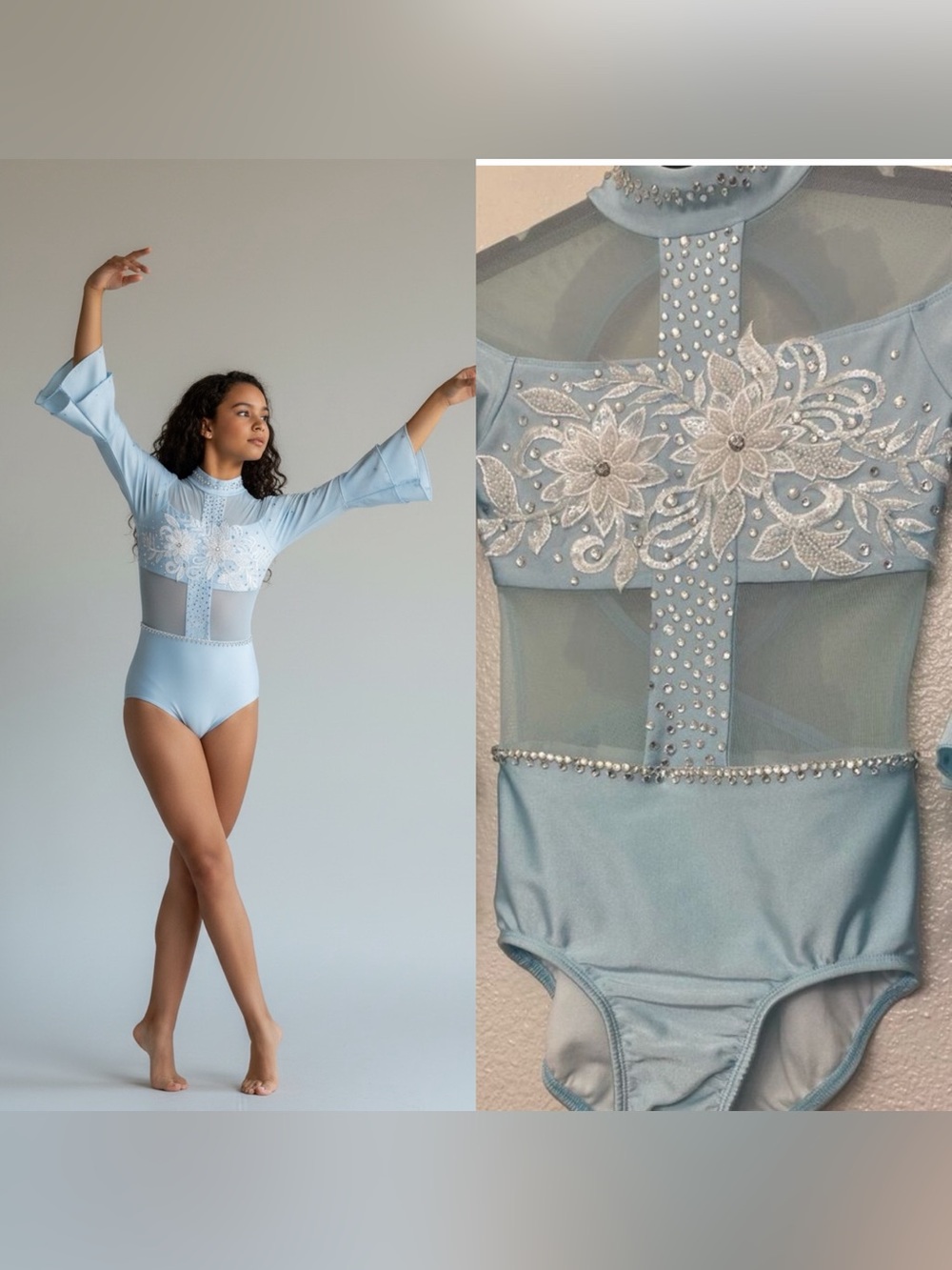 LA Dance contemporary lyrical solo costume blue long sleeve Adora illusion LC